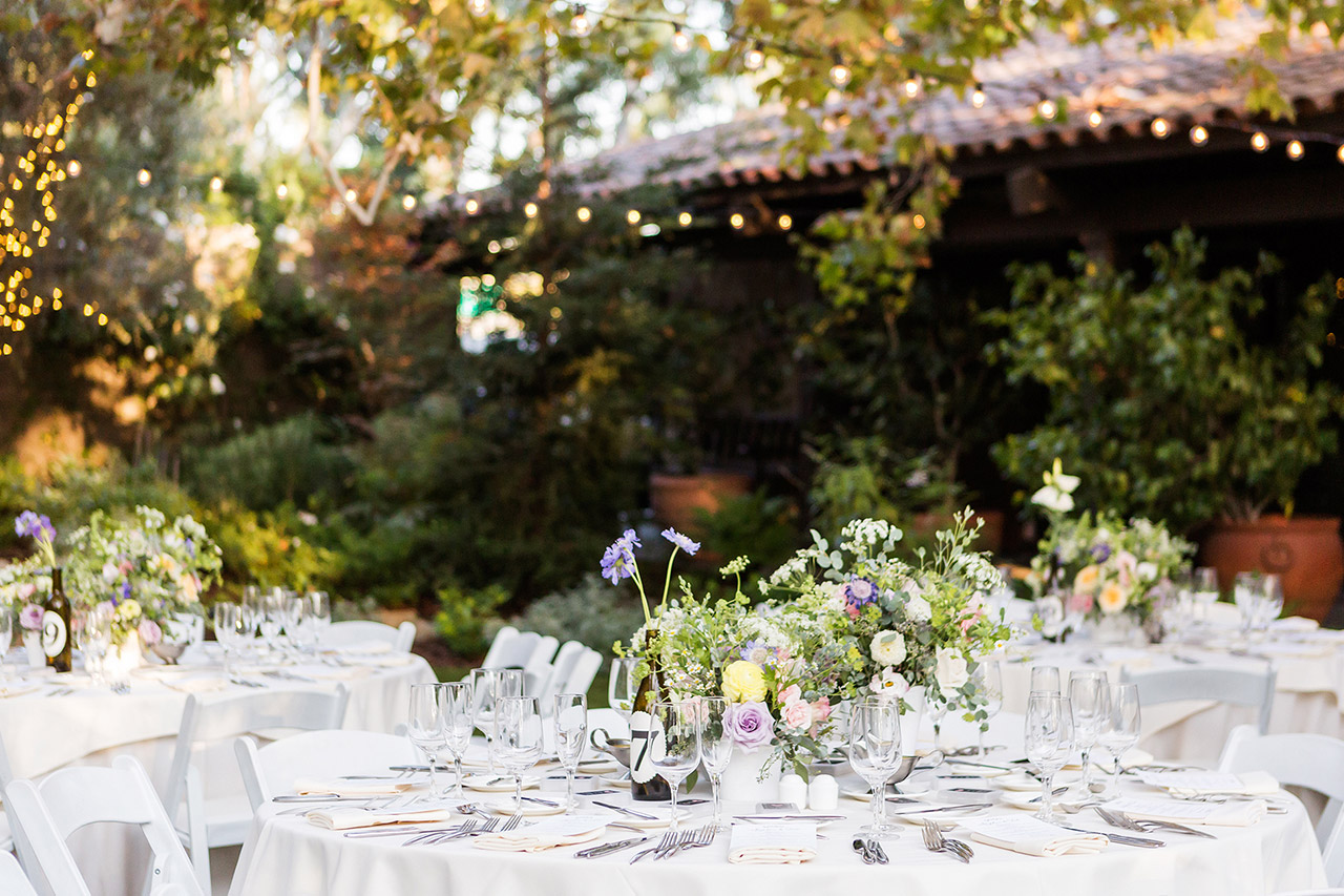 An outdoor wedding reception setup