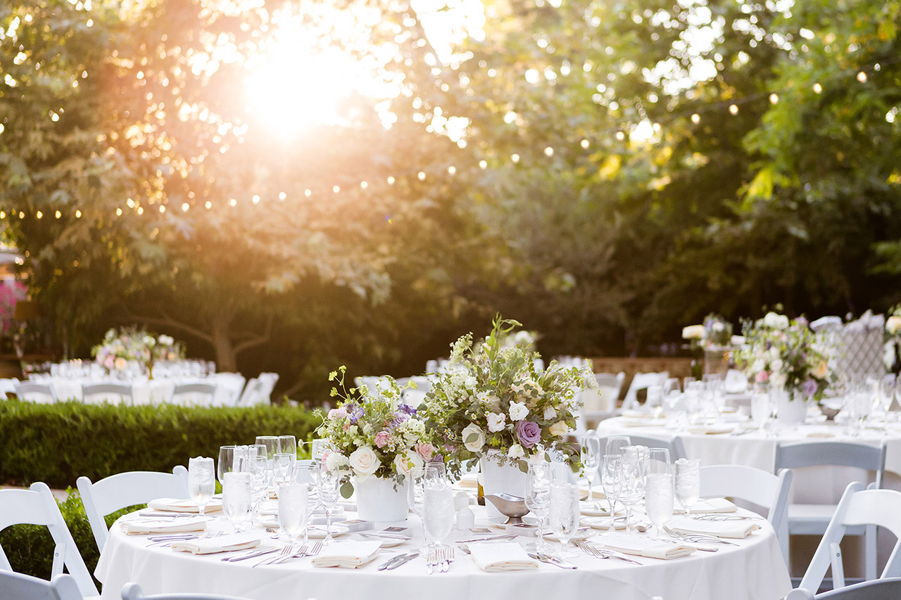 A close up view of an outdoor wedding reception
