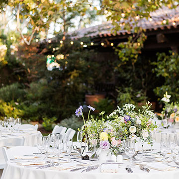 An outdoor wedding reception setup