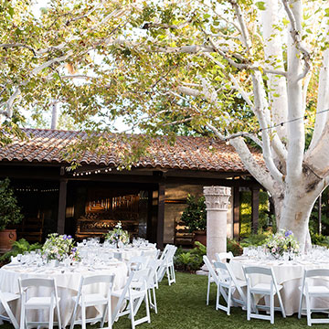 An outdoor wedding reception near a tree