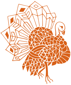 An illustration of a turkey in orange, featuring a detailed fan-shaped tail