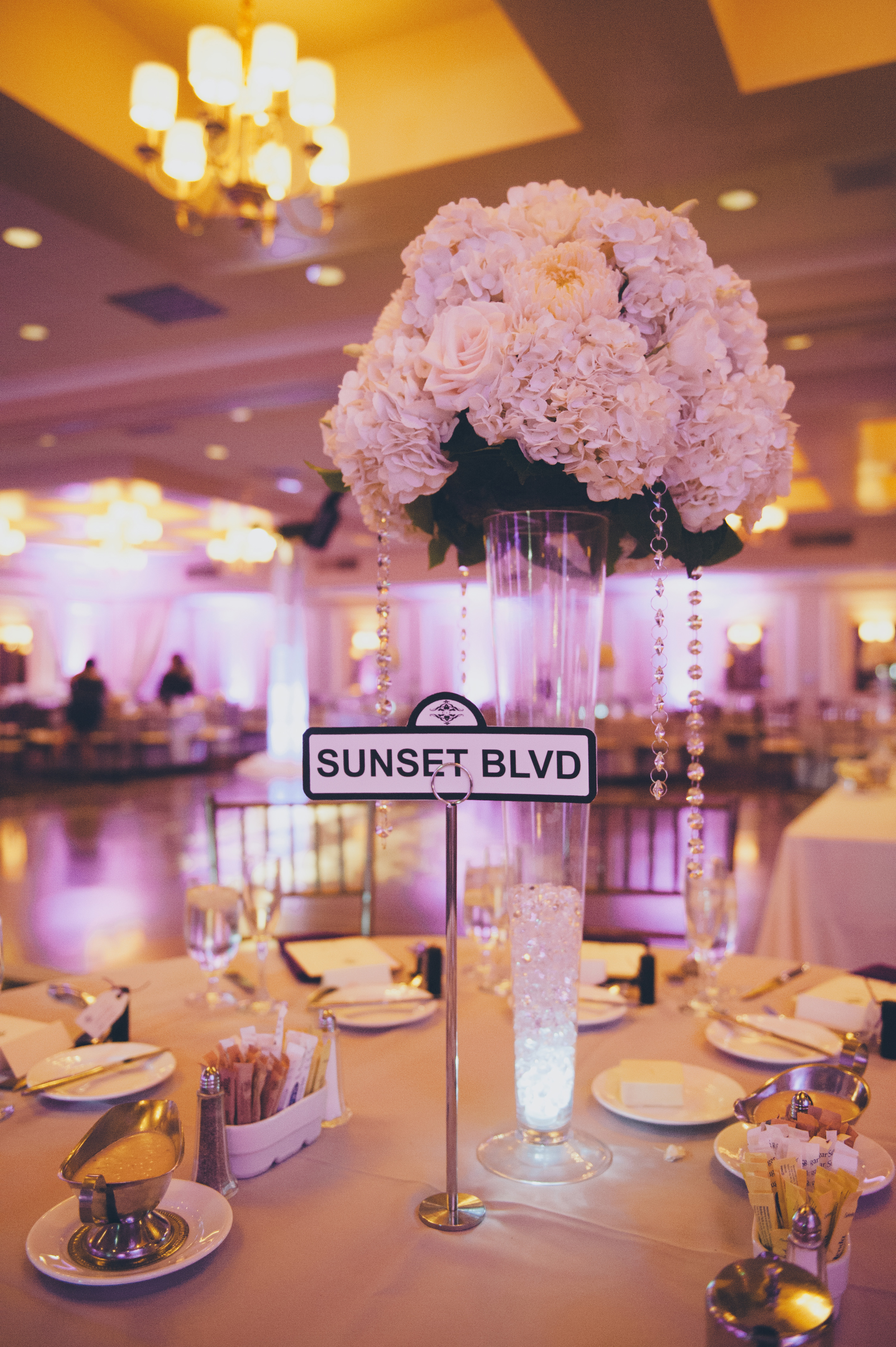 A table centerpiece reading Sunset Blvd